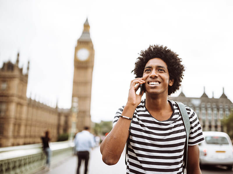 man talking on phone in london