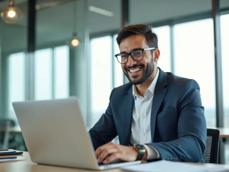 Professional man in suit working on laptop in modern office with city view