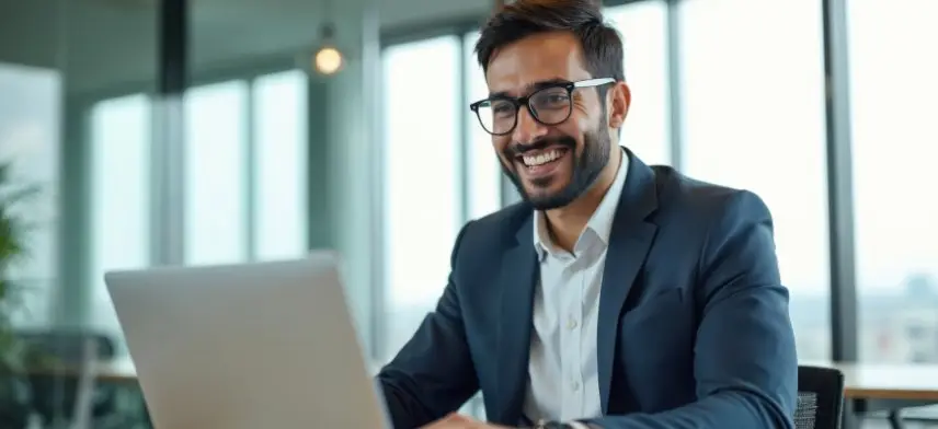 Professional man in suit working on laptop in modern office with city view