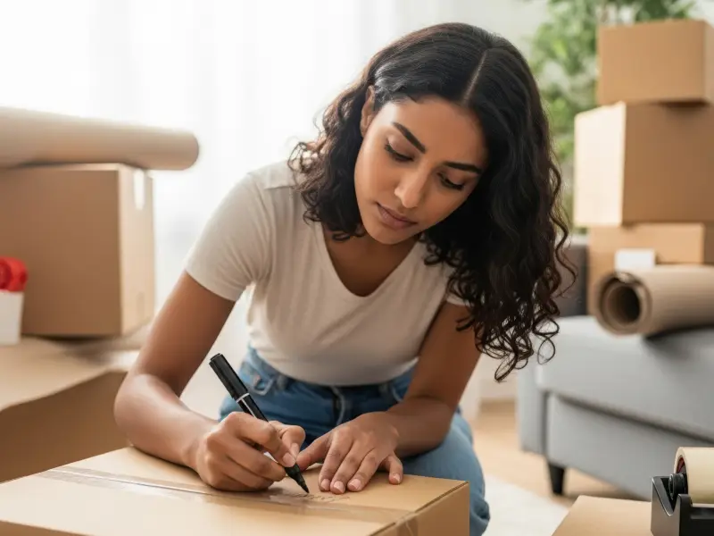 Labeling boxes in living room with packing supplies