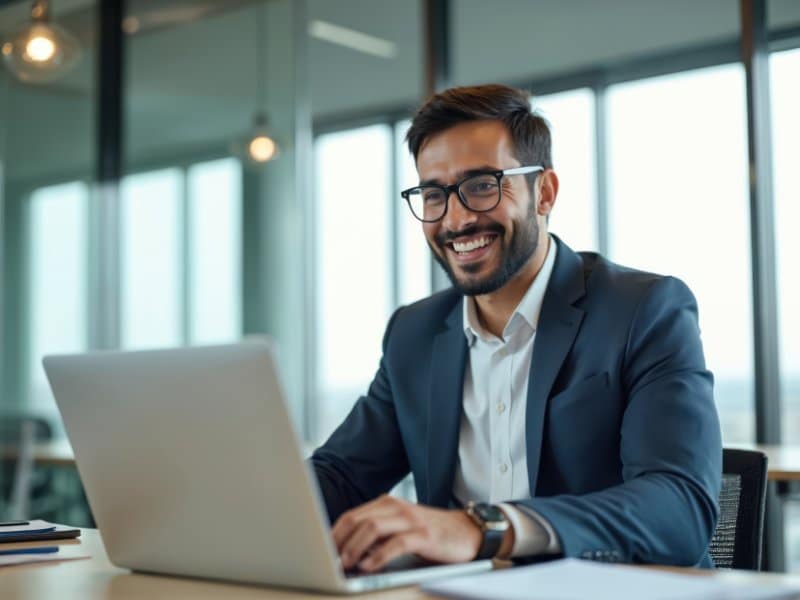 Professional man in suit working on laptop in modern office with city view