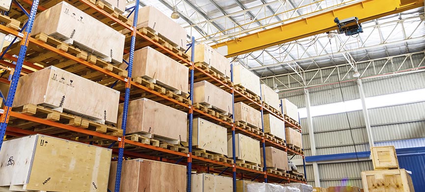 logistics warehouse racks with crates